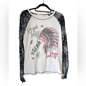 owgirl Tuff Co Womens Large Raglan Top Western Graphic Bandana Sleeve Shirt